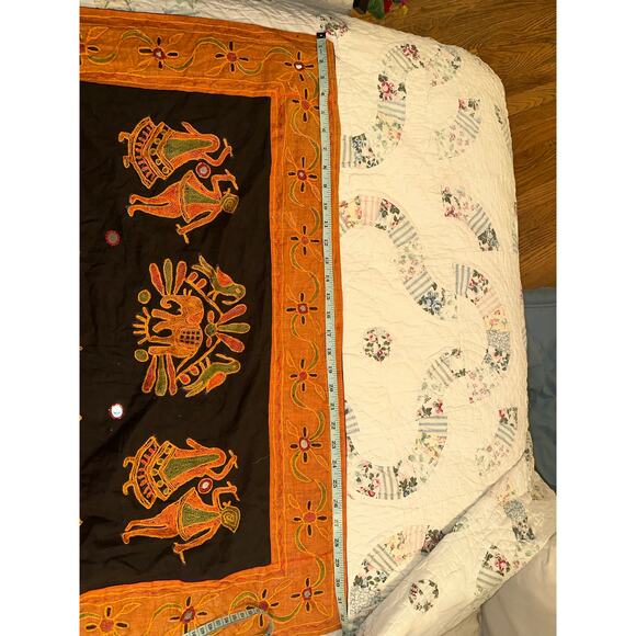 VINTAGE INDIAN FOLK ART MIRROR TAPESTRY EMBROIDERED BANJARA KANTHA WALL HANGING - Picture 10 of 10